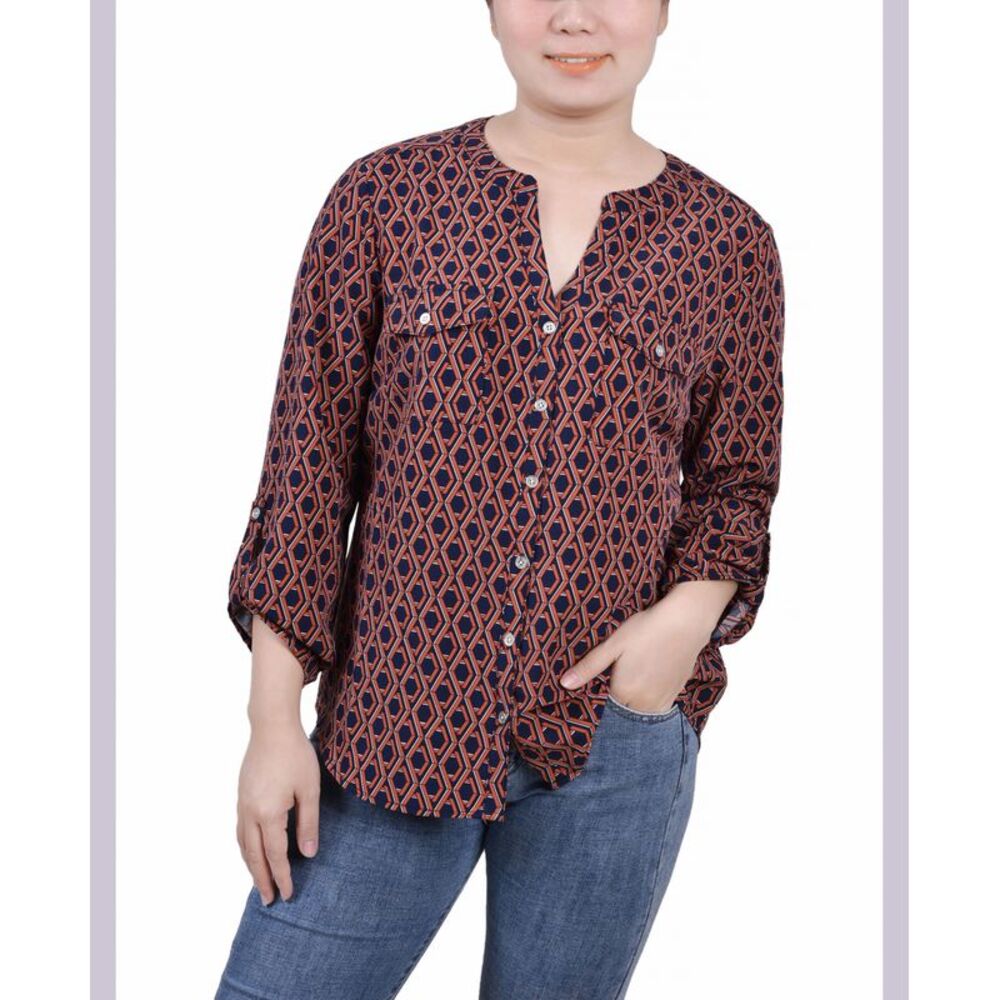 NY Collection Petite 3/4 Sleeve Roll Tab Y Neck Blouse